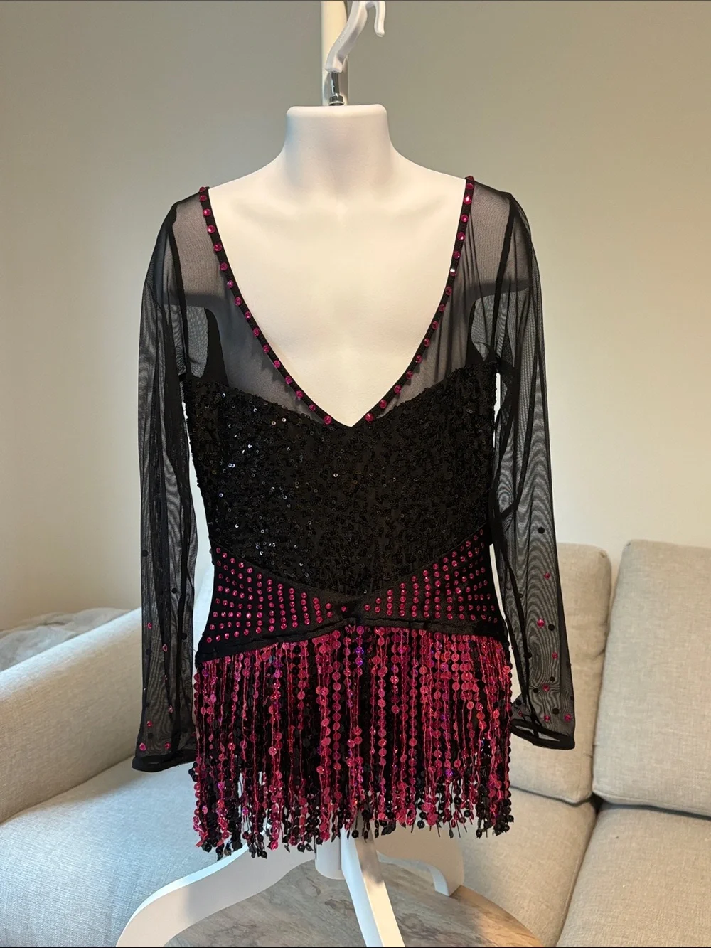 Black Mesh Sequin Fringe Dance Costume Leotard Dress with Pink Accents
